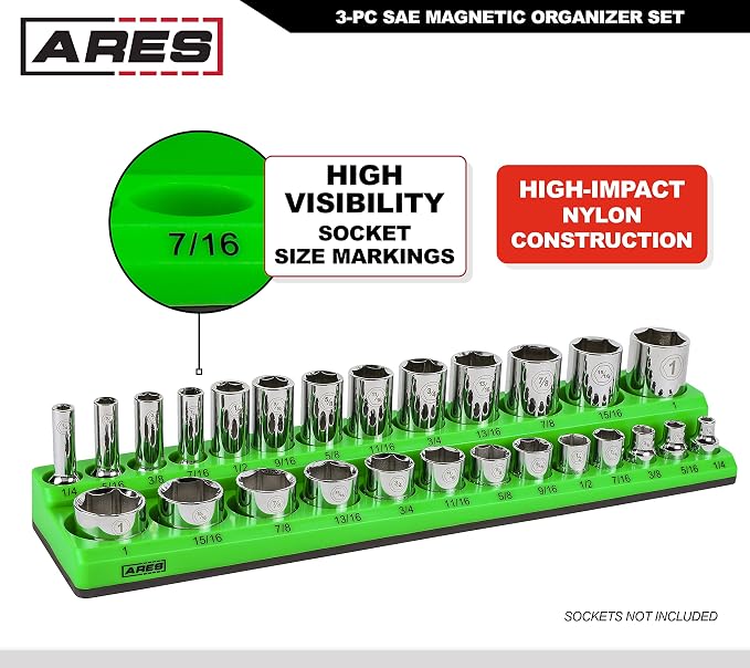 ARES 60037-3-Piece SAE Magnetic Socket Organizers Set - GREEN - Includes 1/4 in, 3/8 in, 1/2 in Socket Holders - Holds 68 Standard (Shallow) and Deep Sockets - Also Available in RED