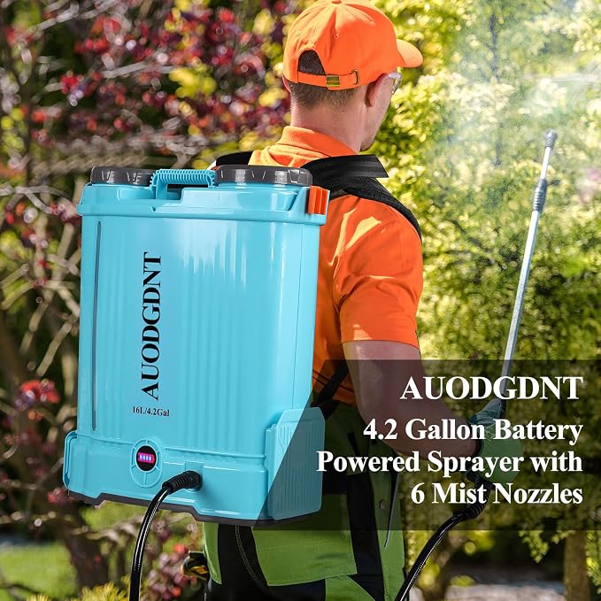 Battery Powered Backpack Sprayer 4.2 Gallon with Auto-Mixing System, 21V Dual Battery System (2.6Ah Each), 2 Interchangeable Spray Wands (Stainless Steel & Fiberglass), for Garden & Lawn