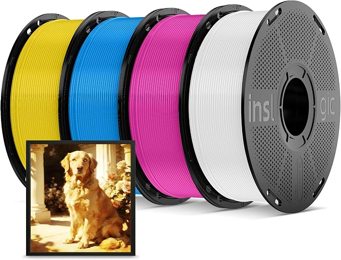 Inslogic Pre-Dried 4kg PLA Pro Filament Bundle, High-Speed Tough PLA Pro 3D Printer Filament 1.75mm ±0.02mm, Reusable Spool, 4kg Total, 4×1kg (CMYK White+Magenta+Cyan+Yellow)