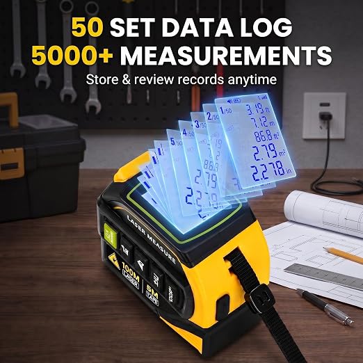 4-in-1 Digital Laser Tape Measure, 16FT Tape, 328FT Distance Meter | 33FT cross-line laser, area, volume and ceiling height for room measurements, flooring, furniture layout and home remodeling
