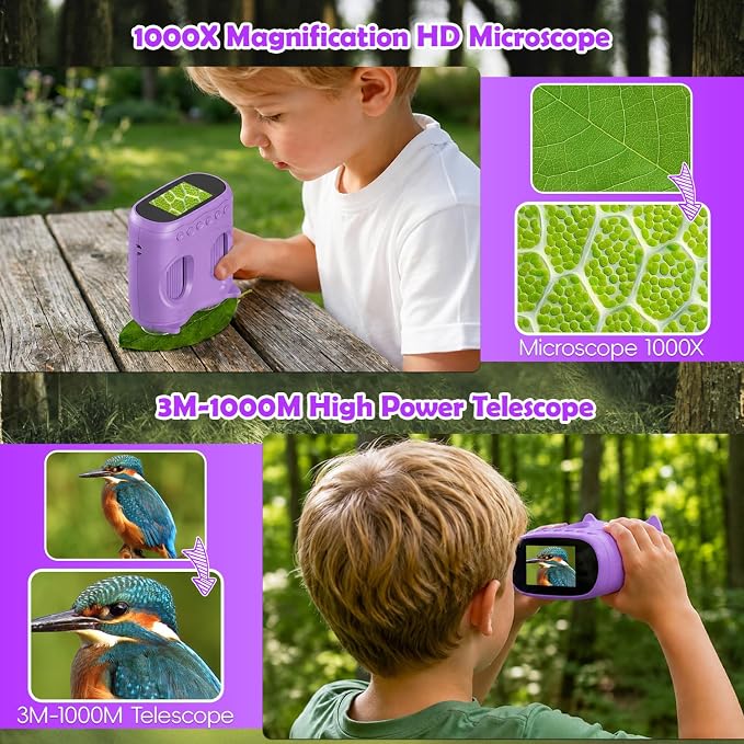 2-in-1 Kids Microscope and Telescope, 1000X Handheld Digital Microscope for Kids, 2.0" Screen, 8 LEDs, 10X Pocket Telescope for Outdoor, 1080P Camera STEM Toys Gift for Boys Girls 4-12, Purple