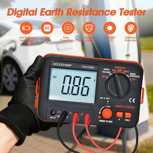 Professional Ground Earth Resistance Tester, 20/200/2000Ω Digital Meter with AC Voltage, Backlight LCD Display, Data Hold & Overload Protection, Safety Tester for Electricians, HVAC & Workers
