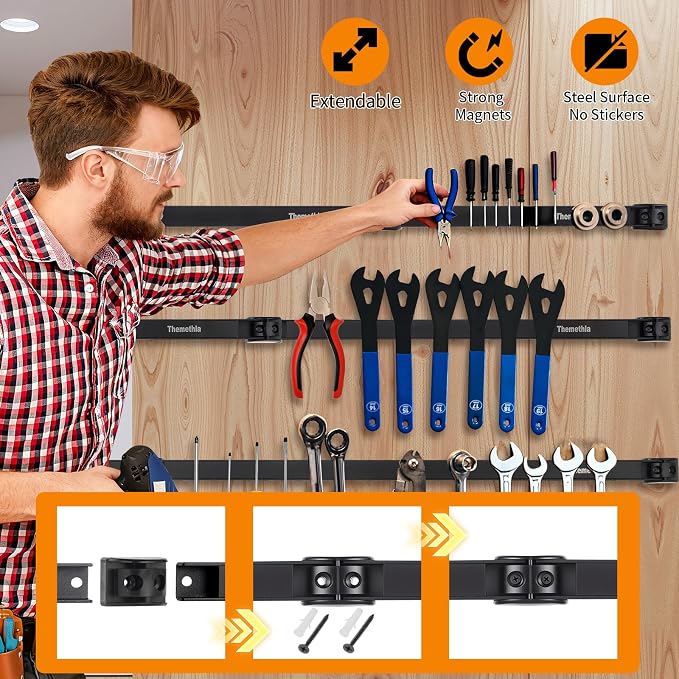 18" Magnetic Tool Holder Strip, 4 Pieces Black Metal Tool Organizer Rack with Stainless Steel Surface, Magnet Bar for Garage Workshop, Easy To Install with Mounting Screws