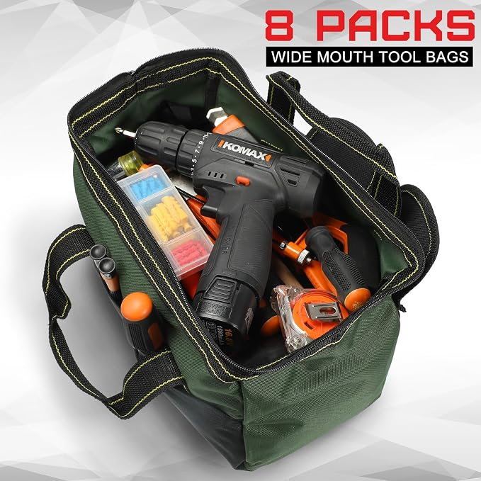 Silkfly 8 Pcs Tool Bags for Men Heavy Duty with Waterproof Hard Bottom Wide Mouth Large Tool Tote Bag Multi Pockets Organizer Tools Kit for Electrician Carpenter Mechanic Dad Gifts(13 Inch)