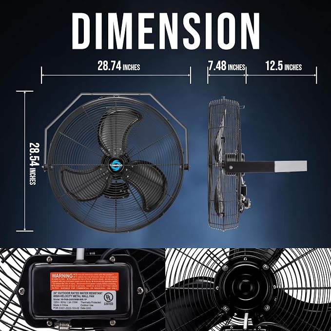 Tornado 24" High Velocity Metal Wall Mount Fan – IPX4 Water-Resistant & Outdoor Rated, 3-Speed, 7700 CFM, UL Safety Listed, Ideal for Commercial, Industrial, Residential, and Greenhouse Environments