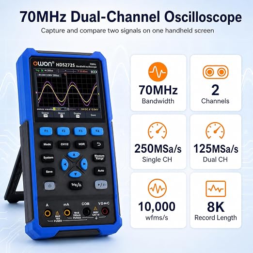 70MHz Bandwidth 2+1CH Handheld OWON Oscilloscope 3 in 1 Functions with 4 1/2 Multimeter 25MHz Arbritary Waveform Generator (2+1 CH/HDS272S)