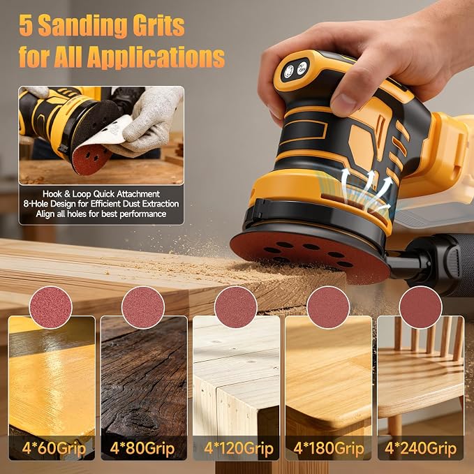 Cordless 5-Inch Random Orbital Sander Compatible with DeWalt 20V Battery (Tool Only), Brushless Electric Sander with Dust Collection, 6 Variable Speeds (7,000–13,500 RPM) for Woodworking & Furniture
