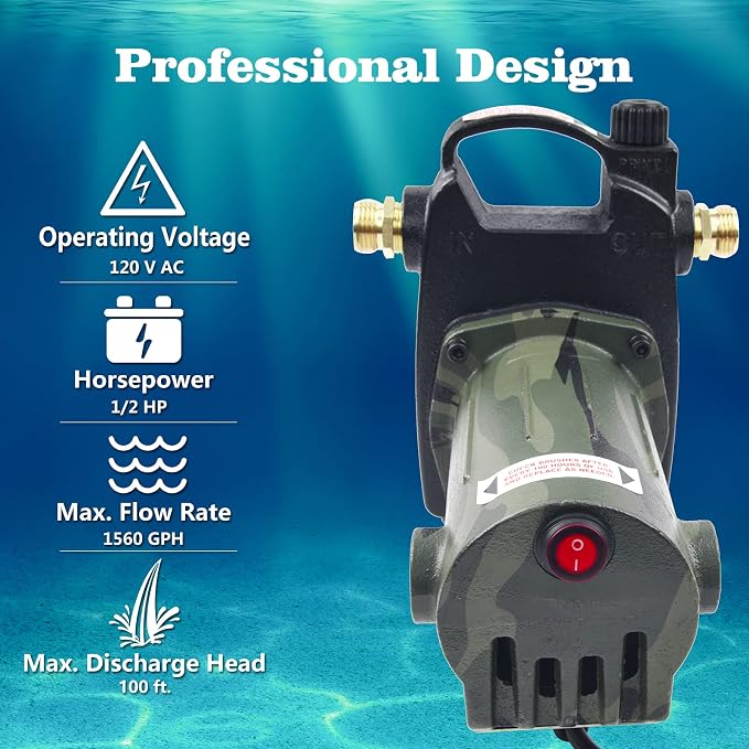 TIGEROAR 120V Water Transfer Pump 1560 GPH Cast Iron 1/2 HP Portable Pump with 6 ft. Power Cord for Pool Pump with Multipurpose Water Transferring - Camouflage Color
