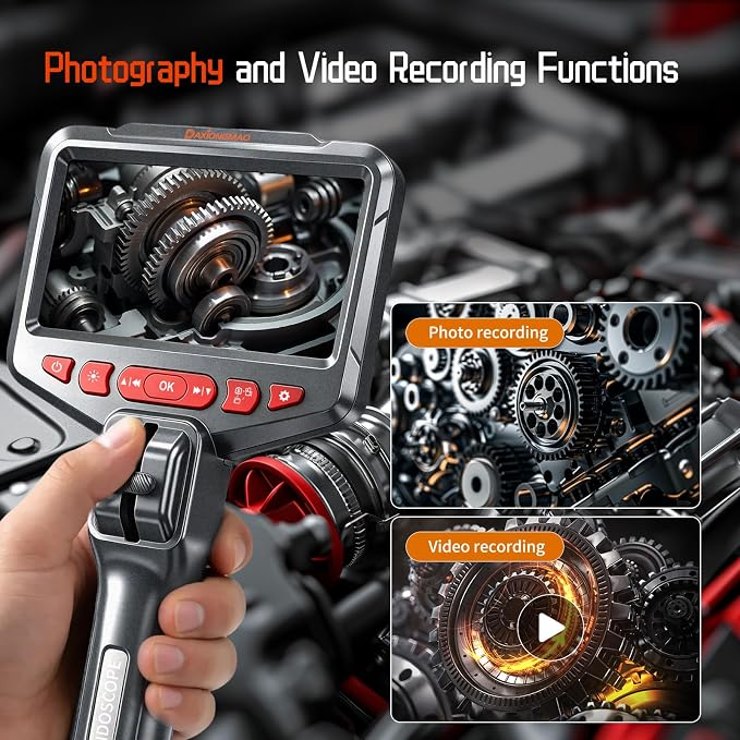 Two-Way Articulating Borescope, 1080P HD Industrial Endoscope Inspection Camera with 8 LED Lights, Mechanical Tool for Automotive, HVAC, Plumbing, IP67 Waterproof & 5ft Semi-Rigid Flexible Snake Probe