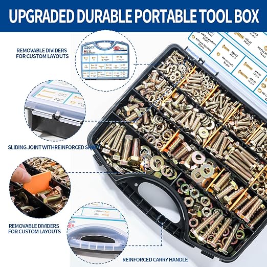1100cs Grade 8.8 Metric Bolts and Nuts Assortment Kit, M4, M5, M6, M8, M10 Heavy Duty Hex Bolts and Nuts Kit, Assorted Nuts, Bolts, Flat & Lock Washers, Yellow Zinc Plated, Length from 12-40 mm