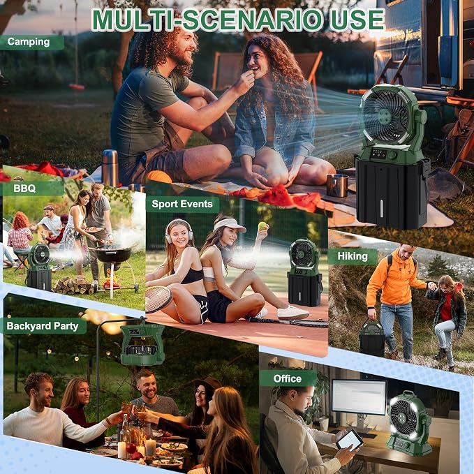 Wilody Portable Misting Fan 20000mAh Rechargeable Battery, 6L Bucket Outdoor Fan with LED Lights & Stepless Speed Control & Cooling Mist, Battery Powered Fan for Outdoor Patio Camping (Dark Green)