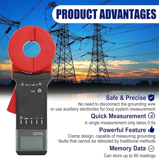 ETCR2100A+ Ground Resistance Meter Earth Tester Clamp Digital for Electric Power Telecommunications Meteorology Oil Field Architecture Industrial Electrical Equipment 0.01-200Ω NO Battery