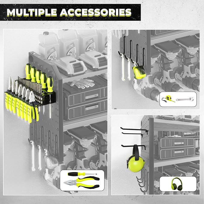 KAFAHOM Power Tool Organizer with Charging Station, Built in 8 Outlet Power Strip,Large 8 Drill Holder Wall Mount, Heavy Duty Metal Power Tool Storage Rack Tool Shelf for Garage Organization