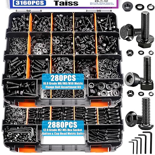 Taiss 3160PCS Metric Flange Bolt Assortment Kit,Nuts and Bolts Assortment Kit M2 M3 M4 M5 M6x1.0 M8x1.25 M10x1.5 Bolt(4-45mm)42 Sizes Hex Socket Button & Cap Head Metric Screw 10.9 Black Zinc Plated