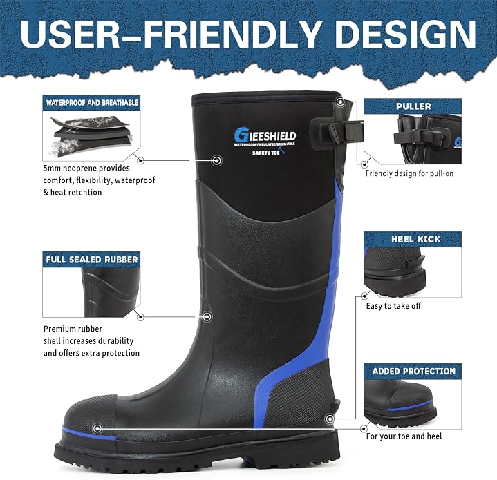 Men's Rubber Work Boots with Steel Toe & Shank, Waterproof & Anti-Slip, 6mm Neoprene, Durable Brown Rubber Boot for Construction, Farming, Manufacturing, Sizes 7-14