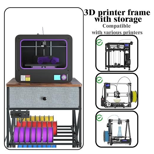 DALEHMOME 3D Printer Stand with Storage, 3D Printer Table with Power Outlet, Sturdy Metal Frame Workstation with Fabric Drawer for 3D Printing, Rustic Brown, 23.6" L x 23.6" W x 31.5" H