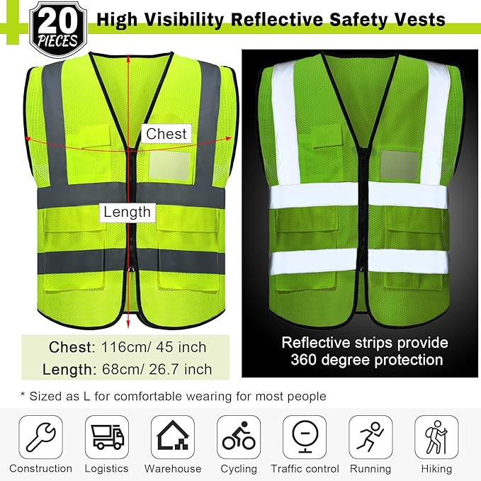 JaGely 20 Pack Reflective Safety Vests with Pockets, High Visibility Mesh Construction Vest for Men Women, Neon Yellow, Size L