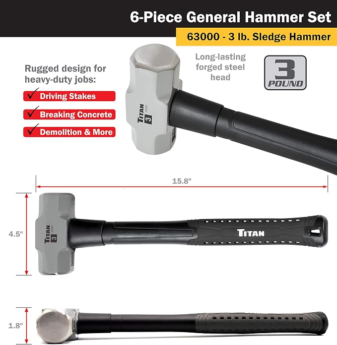 Titan 63136 6-Piece Hammer Set, Includes 16oz & 32oz Ball Pein, 32oz Rubber Mallet, 3lb Sledgehammer, 2lb Dead Blow & 3lb Cross Pein