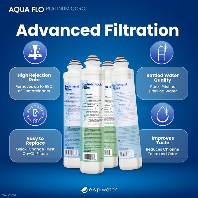 Genuine Aqua Flo Platinum QCRO RO Filter Kit with 50 GPD Membrane and Cartridges | 4-Stage Filtration, Easy Install, Contaminant Reduction, Improved Taste, Cost-Effective Water Solution