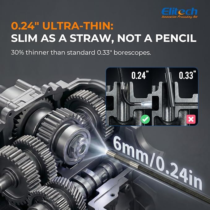 Elitech Two-Way Articulating Borescope with Light, 0.24in Slim Inspection Camera, 20,000+ Bend Life, 180° Snake Camera, 1080P 4.3" IPS Endoscope, High-Temp Protection for Automotive Mechanics