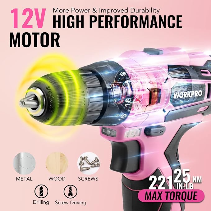 WORKPRO Pink Tool Set with Power Drill, 108PCS Portable Ladies Pink Drill Kit for Home with Toolbox and Hammer, 1.5 Ah Cordless Drills with Keyless Chuck and Variable Speed Trigger