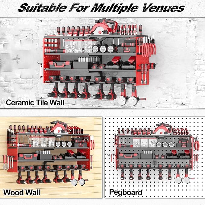 Power Tool Organizer Wall Mount, Cordless Drill Hanger Storage Rack 8 Drill Holder, 4 Layer Heavy Metal Large Capacity Tool Rack for Garage Organization (Red, 8 Drills Holder)