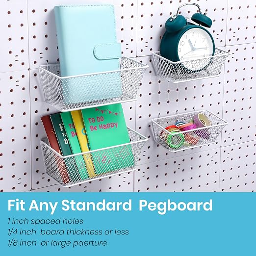 Sieral 4 Pcs Pegboard Baskets Metal Wire Shelf Baskets Peg Board Organizer Accessories Wall Mount Organizer Attachments for Garage Workbench Various Tool Accessories, 2 Sizes (White,Small, Medium)