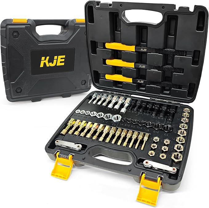 KJE 61Pcs Thread Restorer Kit, Rethreading Kit, UNC, UNF & Metric Thread Chaser Set with Taps, Dies, Thread Files & Pitch Gauges for Repair Damaged Threads Bolts, Nuts and Screws
