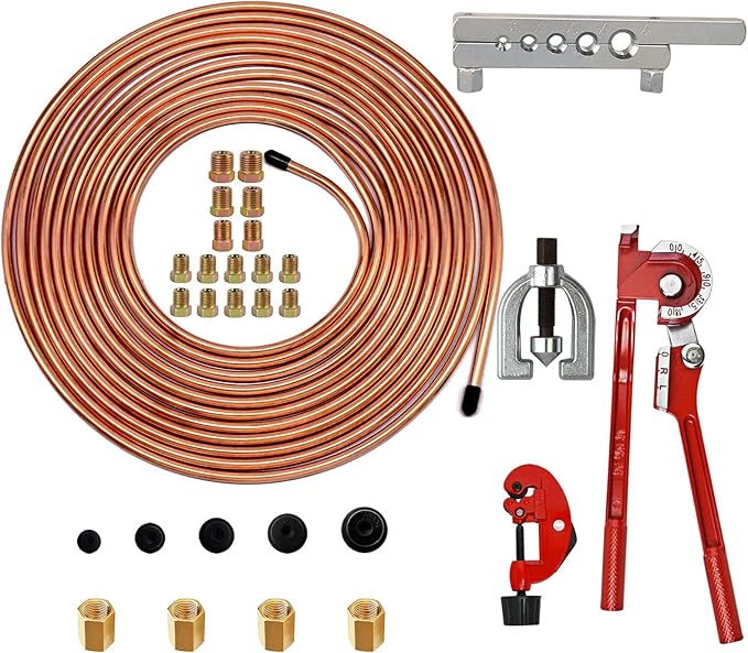 MuHize 25 ft 3/16-Inch Brake Line Kit - Upgraded Copper-Coated Brake Line with Fittings, Unions, Bender, Flare Tool and Cutter