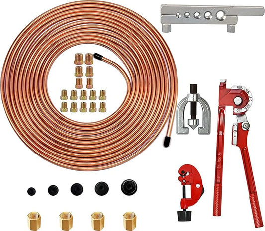 MuHize 25 ft 3/16-Inch Brake Line Kit - Upgraded Copper-Coated Brake Line with Fittings, Unions, Bender, Flare Tool and Cutter