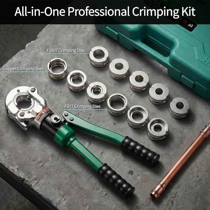 Copper Pipe press Tool with 1/2",3/4",1" Dies for Copper Pipe and F877 Stainless PEX Press Sleeves, 3/8",1/2",5/8",3/4",1" Dies for ASTM F1807 Pex Pipe Copper Ring Pipe Fittings Crimping Tool