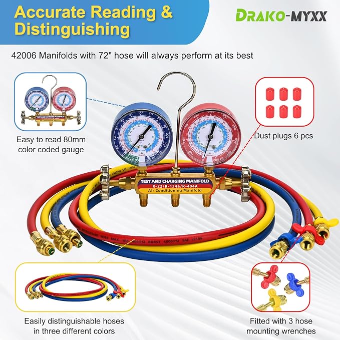 2026 Upgrade 42006 Test and Charge Manifold Set with 3-1/8" (80 mm) Gauge, for R-22/134A/404A, 1/4" to 1/4" Standard Flare Fittings with 72"(6Ft), Hvac Gauges with Colored Label and Hoses Set