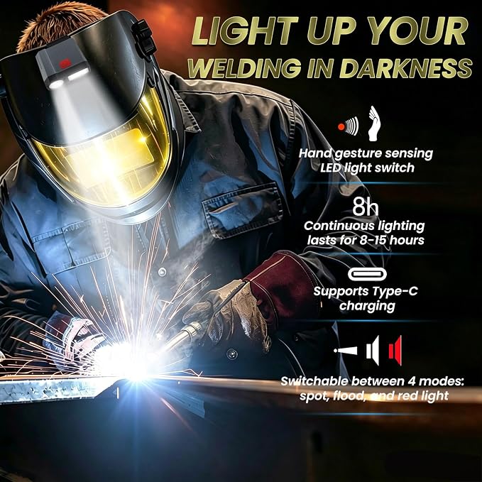 Large View True Color Auto Darkening Welding Helmet with LED Light - Solar Powered, 4 Arc Sensors, 1/1/1/1 Optical Clarity, Wide Shade 4/5-13 for TIG MIG ARC Grind