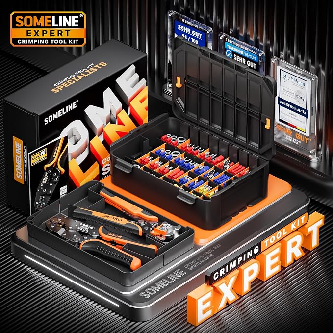 SOMELINE Wire Terminal Crimping Tool Kit, 22-10 AWG Ratcheting Crimper & Auto Stripper with 59-Style Electrical Connectors Assortment, Stackable Organizer for Automotive & Marine Wiring