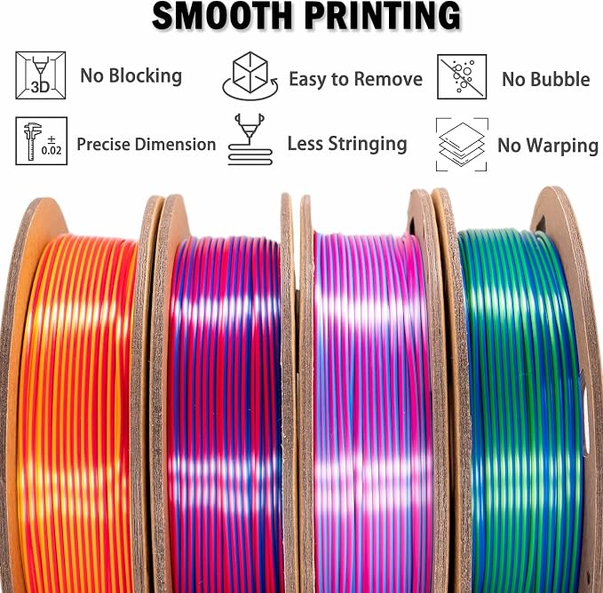 OVV3D Silk PLA 3D Printer Filament Bundle, Shiny Dual Color Filament 1.75mm Pack, Multi Color Change 3D Printing Filament for 3D Printer, 200g X 4 Spools of Red Gold Blue Green Sky-Blue