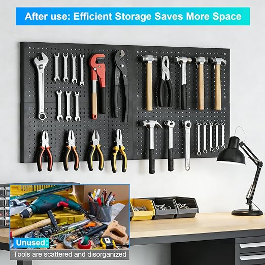 Metal Pegboard Panels 4 Pack, 24" x 12" | Heavy Duty Rust-Proof Wall Board Panels, Sturdy Steel Storage Pegboard for Garage, Workshop & Craft Room Organizer, Black