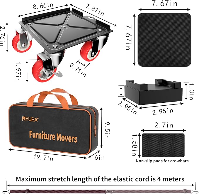 MYUEA Furniture Dolly,Furniture Movers with 5 Wheels,Carbon Steel Panel Heavy Duty Dolly,Maximum Load 3747 LBS,Furniture Lifter with 5 360° Rotatable Rubber Universal Wheels(Black,8.26x7.87 in)