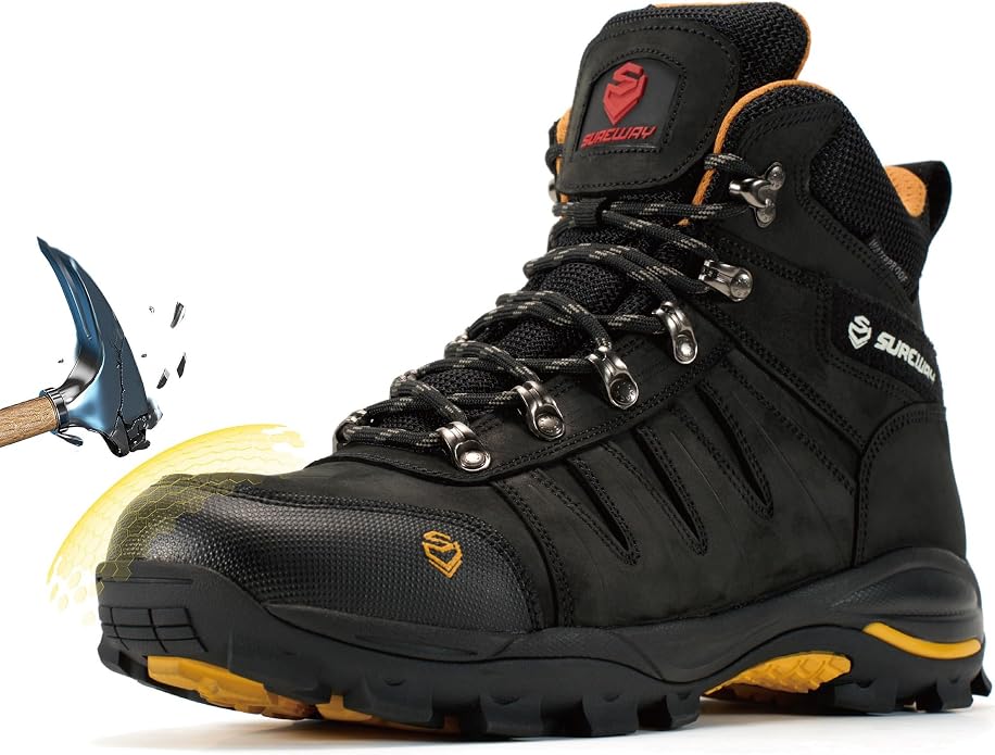 SUREWAY Men's 6" Waterproof Work Boots - Soft Toe,Leather Lace Up,EH Rated, Slip Resistant Outsole for Construction, Roofing & Hunting Work Boots