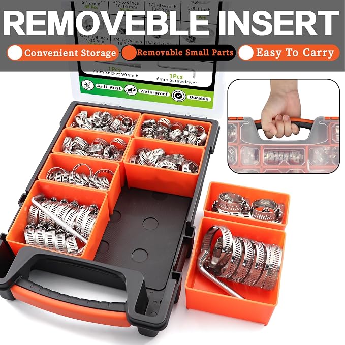 175Pcs Worm Gear Hose Clamps 304 Stainless Steel Assortment Kit 1/4"to 2"(6-51mm) Adjustable Hose Clamps, Small Heavy Duty Hose Clamps for Automotive/Garden/Water Pipe/Sprinkler Line/Fuel Line
