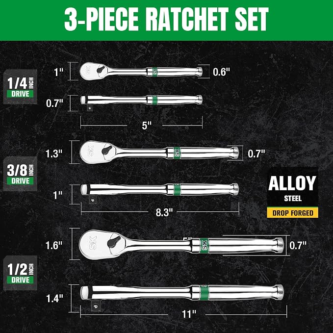 SK 3-Piece Ratchet Set, 1/4″, 3/8″, 1/2″ Drive Ratchet, Pear Head, 90-Tooth, Alloy Steel, with Contoured Handle