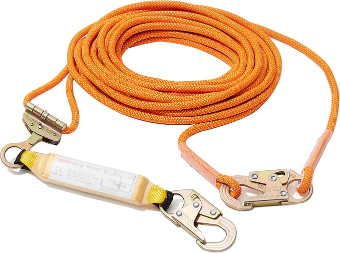 50FT Fall Protection Safety Rope Kit - Heavy Duty Roofing Harness Safety Lanyard Lifeline Assembly with Shock Absorber, Alloy Steel Rope Grab & Snap Hooks | Tree Climbing Roof Equipment, ANSI CE