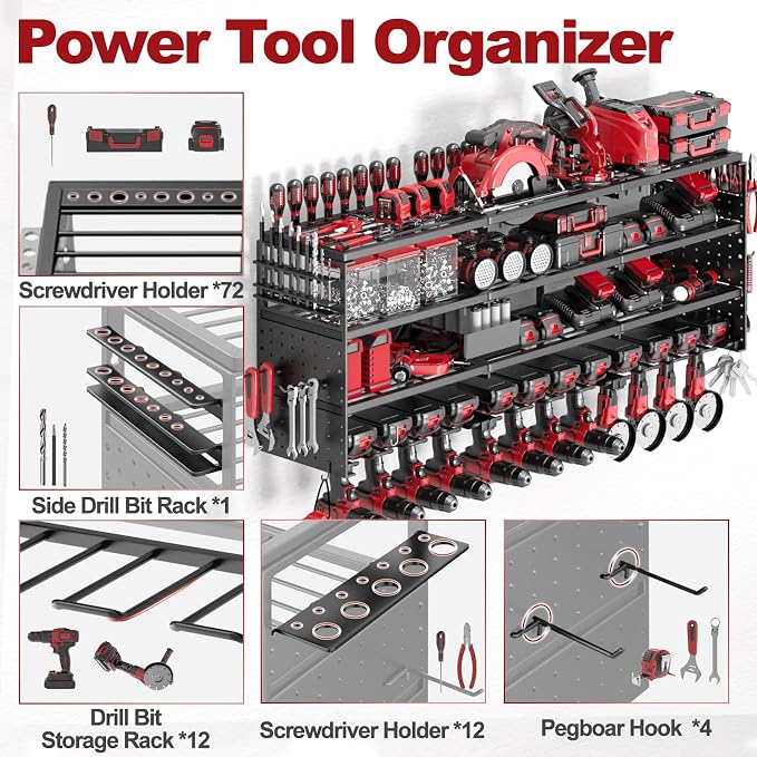 52" W Large Power Tool Organizer Wall Mount -4 Layer Heavy Duty Power Tool Rack,Tool Organizer Storage for Workshop Garage Basement,12 Cordless Tool Organizer