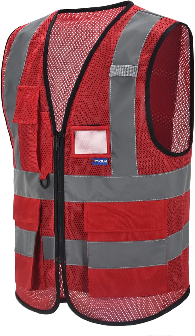 Red work vest mesh | Red M breathable mesh vest with clear ID holder, mic tabs and reflective strips for first responders; for men and women.
