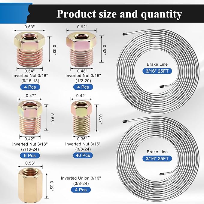 60Pcs 2 Sets 3/16 Inch 25 FT Brake Line Tubing Kit with 58 Pcs Brake Line Fittings, Zinc Coated Alloy Steel Brake Lines Kit Replacement for Hydraulic Fuel Transmission Line