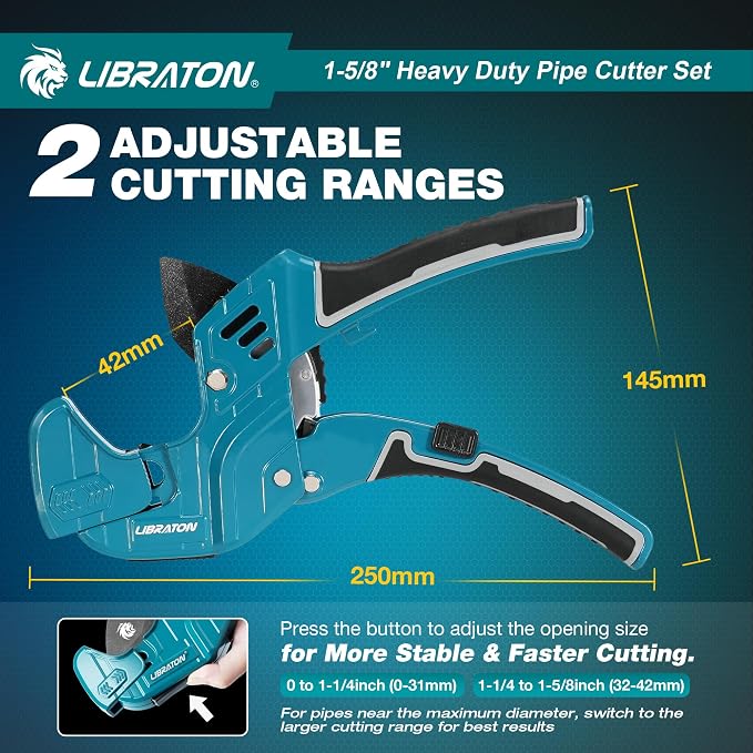 Libraton PVC Pipe Cutter, Up to 1-5/8", Ratchet Pipe Cutter Tool for PEX, PVC, PPR Plastic Hoses Plumbing, Heavy-Duty Pipe Cutter with Deburring Tool Replacement Blade, 2 Adjustable Cutting Ranges