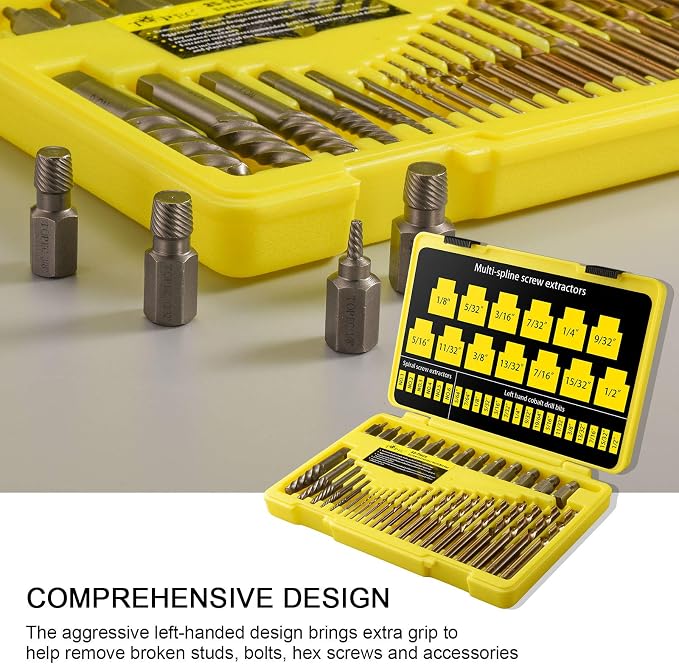 Topec 35-Piece Screw Extractor and Left Hand Drill Bits Set, Easy Out Screw Extractor Set with Reverse Drill Bits, Multi-Spline Extractors for Removing Broken Bolts and Stripped Screws