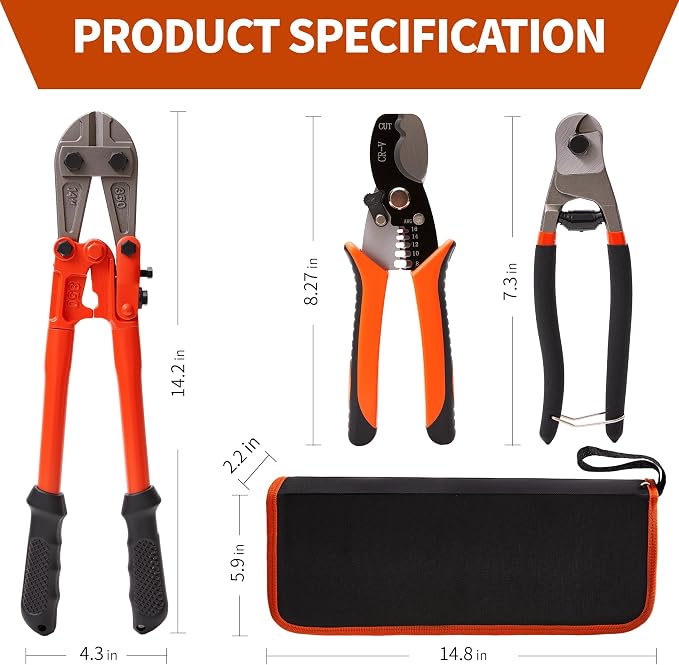 3-Piece Bolt Cutter Set, 14" Wire Cutters Heavy Duty, 8" Mini Bolt Cutters And 7" Cable Cutters With Storage Bag, Suitable For Locks, Steel Wire, Barbed Wire, Chains