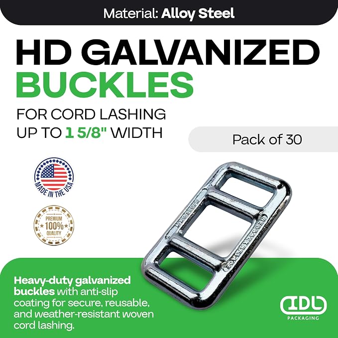 Cord Strapping Buckles 1 5/8" (30-Pack) for Cord Lashing up to 1 5/8" Width - Heavy-Duty Buckles with Anti-Slip Galvanized Coating for Woven Cord Lashing - Superior Breaking Strength by IDL Packaging