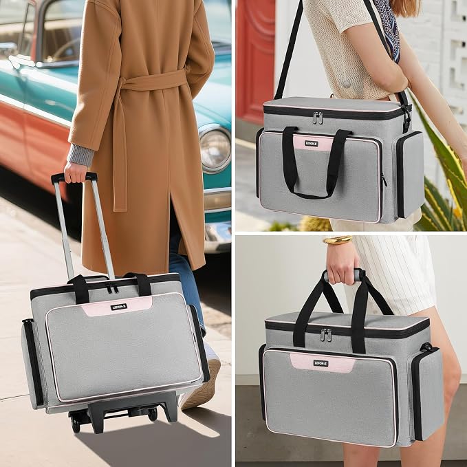 LEFOR·Z Rolling Sewing Machine Case with Wheels,Sewing Machine Carrying Bag,Trolley Tote Bag Fits for Most Standard Singer,Brother,Janome Sewing Machine and Accessories,Grey/Pink