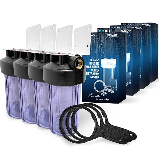 High Capacity 10 x 4.5” Whole House Filter Purifier System for Well or City Water, Presser Relief Button, 1” NPT Brass Port, Double O-Ring, Meets NSF Standards & Regulations (Transparent, 4 Sets)